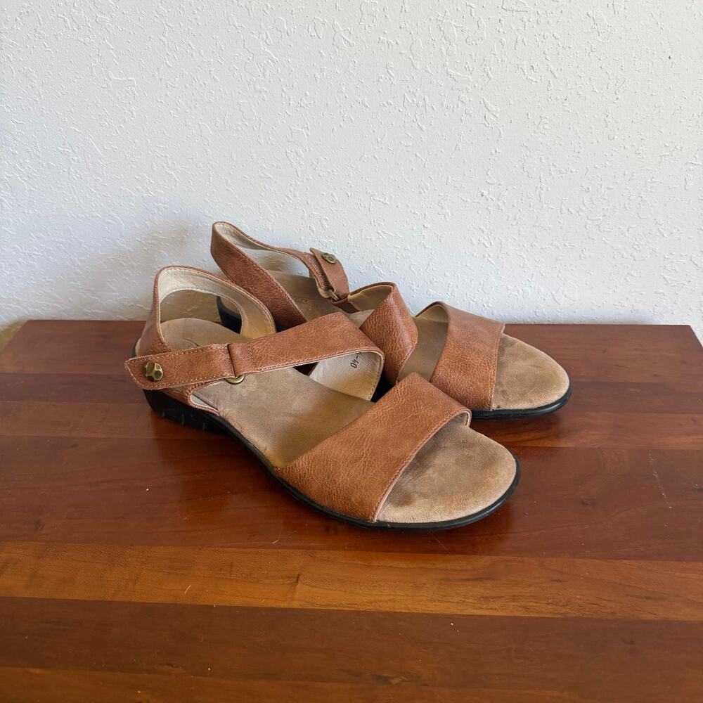 Shibever Brown Leather Low Wedge Heel Strappy Sandal Women 40 Comfortable Dressy